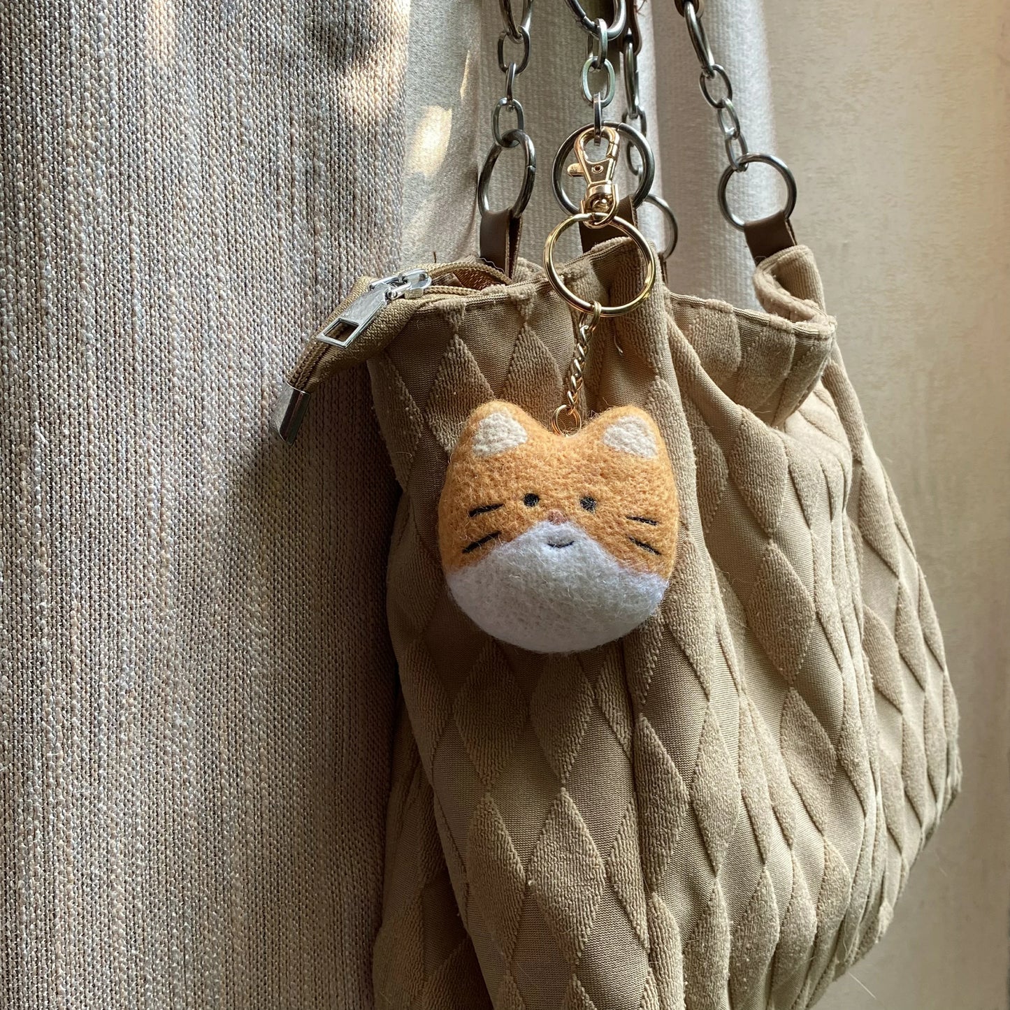 Handcrafted Wool Felt Keychain - Orange Cat