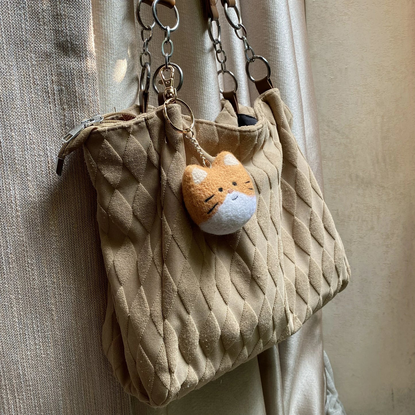 Handcrafted Wool Felt Keychain - Orange Cat