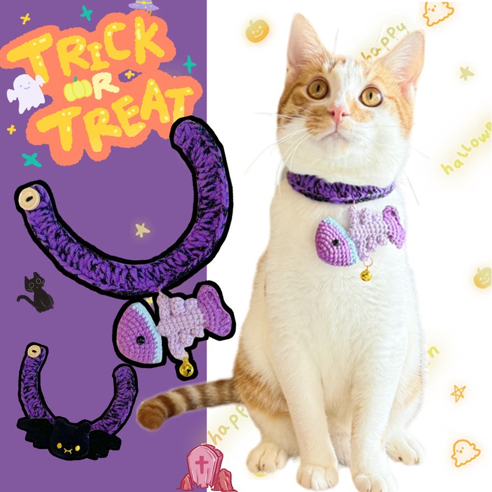 cozy knitted Cat collar comes with adorable fish or bat decorations, making it perfect for festive photos.