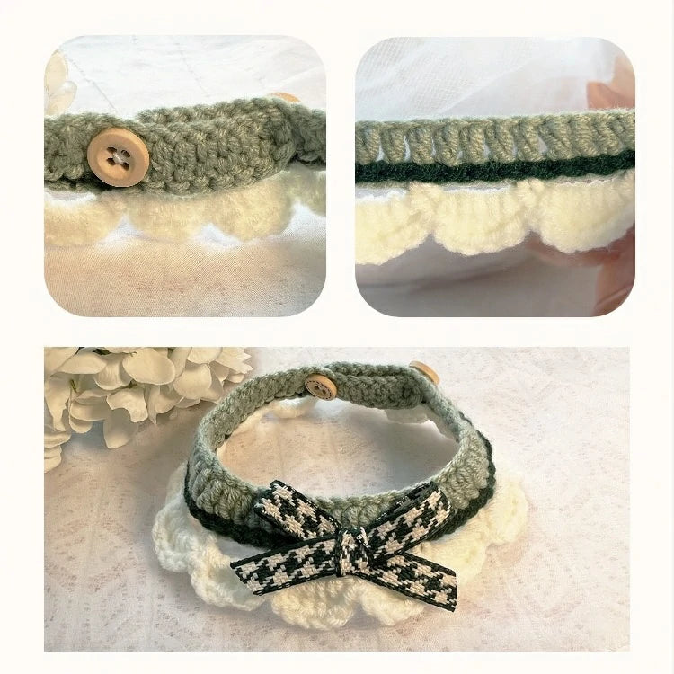 Handmade green crochet cat collar made from soft yarn, featuring a decorative ribbon.