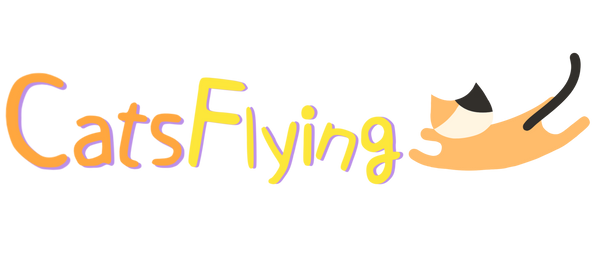 a brand logo of CatsFlying.with letters include CatsFlying and a art drawing of a Calico Cat.